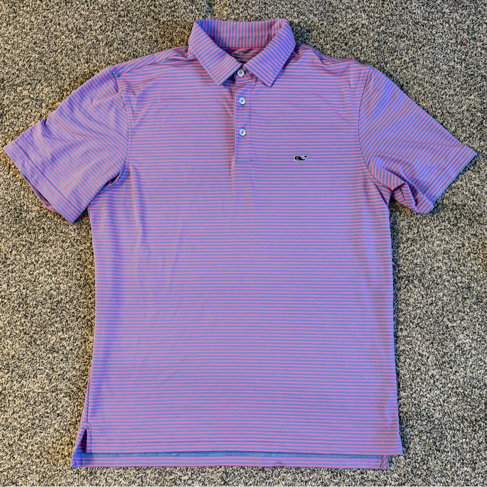 Vineyard Vines Sankaty Polo Pink Blue Stripe Performance Golf Shirt Men’s Medium